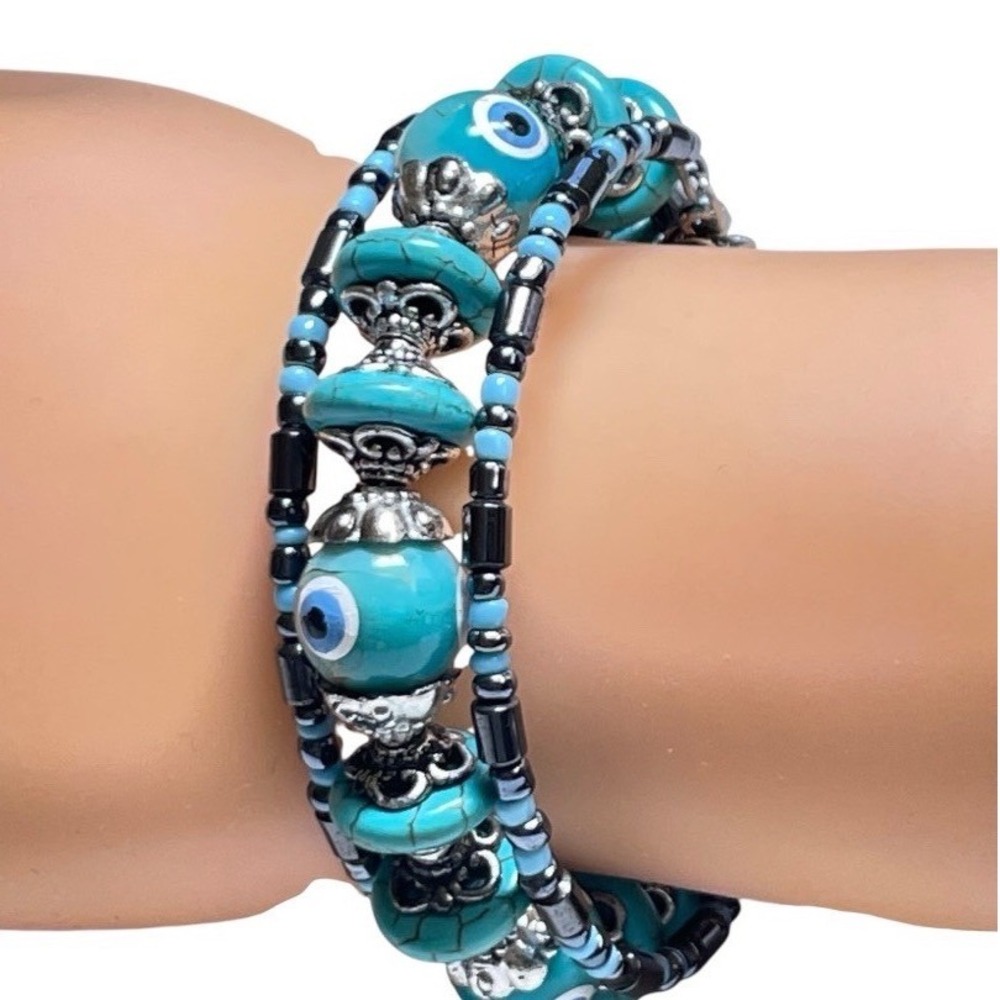 Turquoise Colored Evil Eye Beaded Wrap Bracelet Size 7-7.5